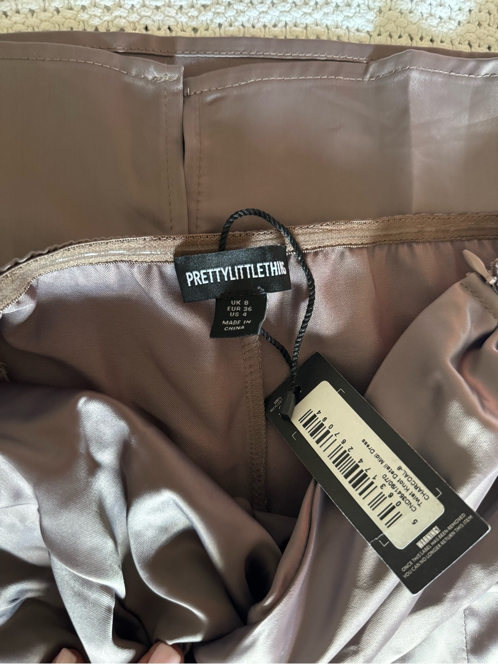 PrettyLittleThing Satin Strapless Bodycon Midi Dress in Mauve Brown - Picture 2 of 2